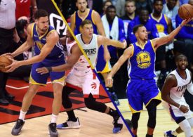 Steph Curry und Klay Thompson in einer Bildcollage wie sie den Ball haben