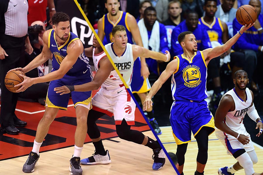 Steph Curry und Klay Thompson in einer Bildcollage wie sie den Ball haben