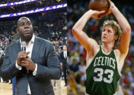 Eine Fotocollage von Magic Johnson und Larry Bird