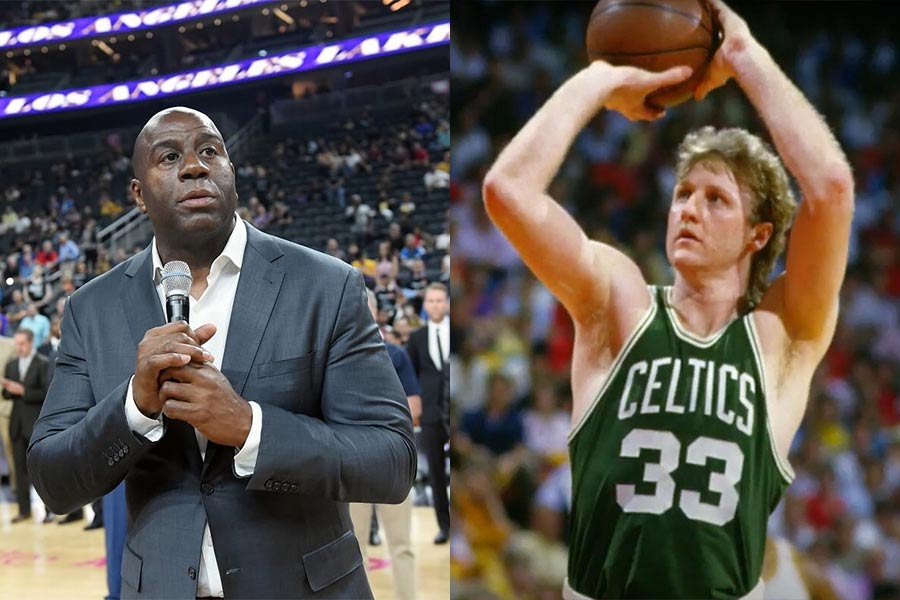 Eine Fotocollage von Magic Johnson und Larry Bird