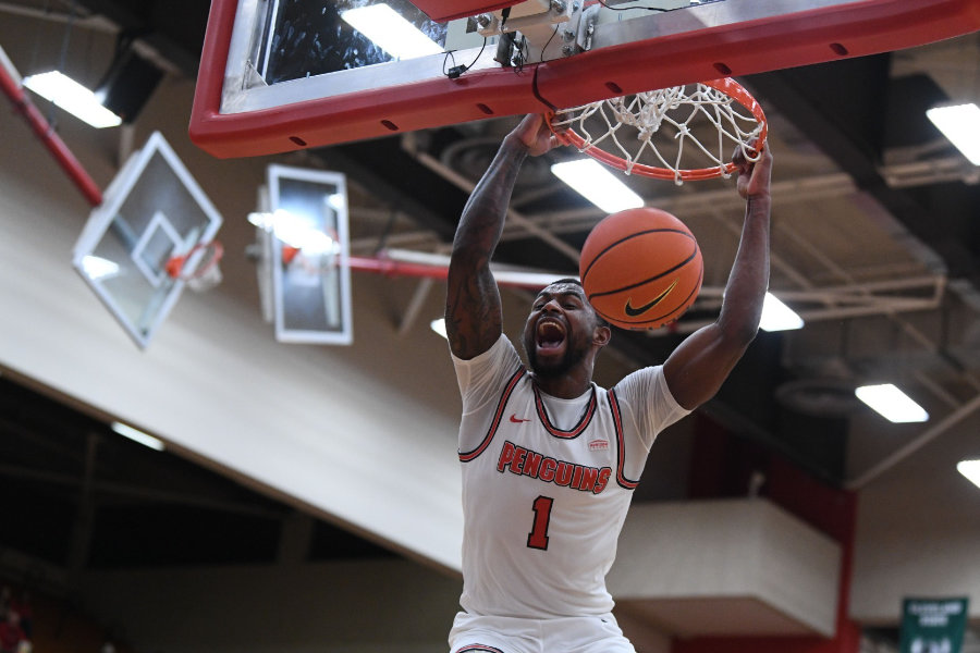 Der Basketballspieler Adrian Nelson von den Bamberg Baskets hält sich am Basketballkorb fest und schreit dabei