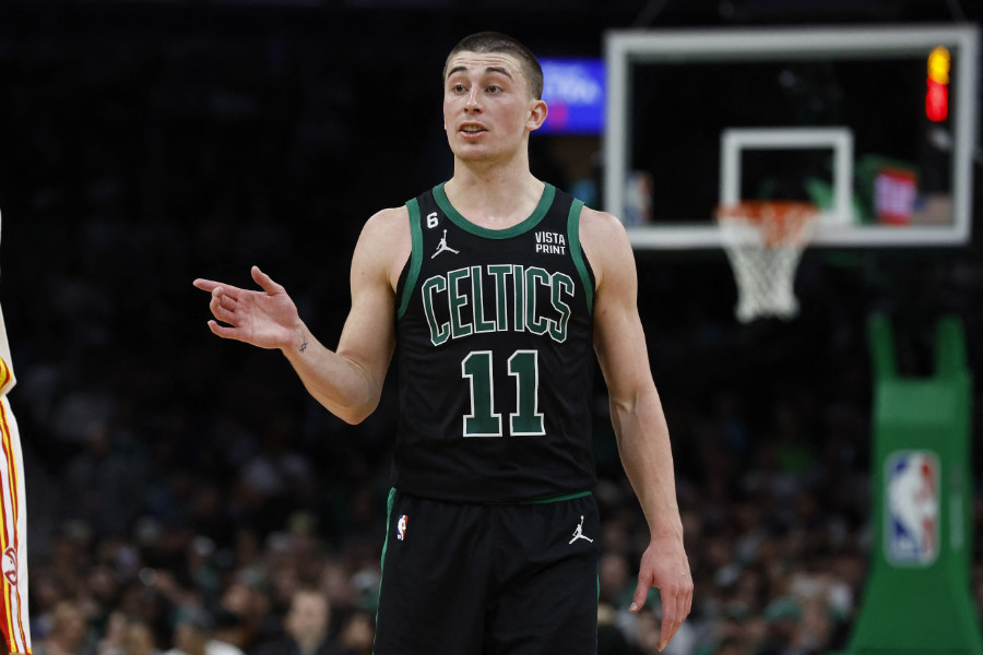 Payton Prichard von den Boston Celtics gestikuliert